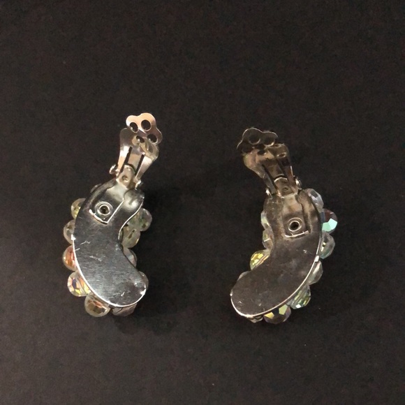 Vintage Crystal Aurora Borealis Clip Earrings Bridal Wedding - Picture 5 of 6